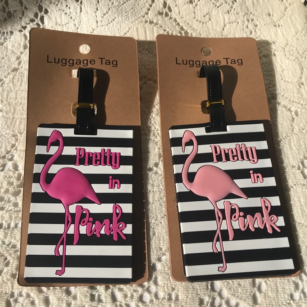 Set of 2 Pink Flamingo Luggage Tags Whimsical Tropical Travel Bag ID Tags